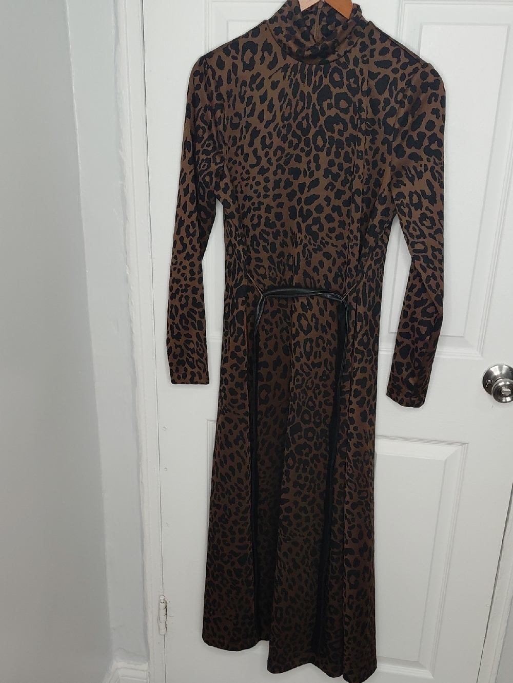 Anne Klein Brown and Black Leopard Print Long Sleeve Maxi Dress